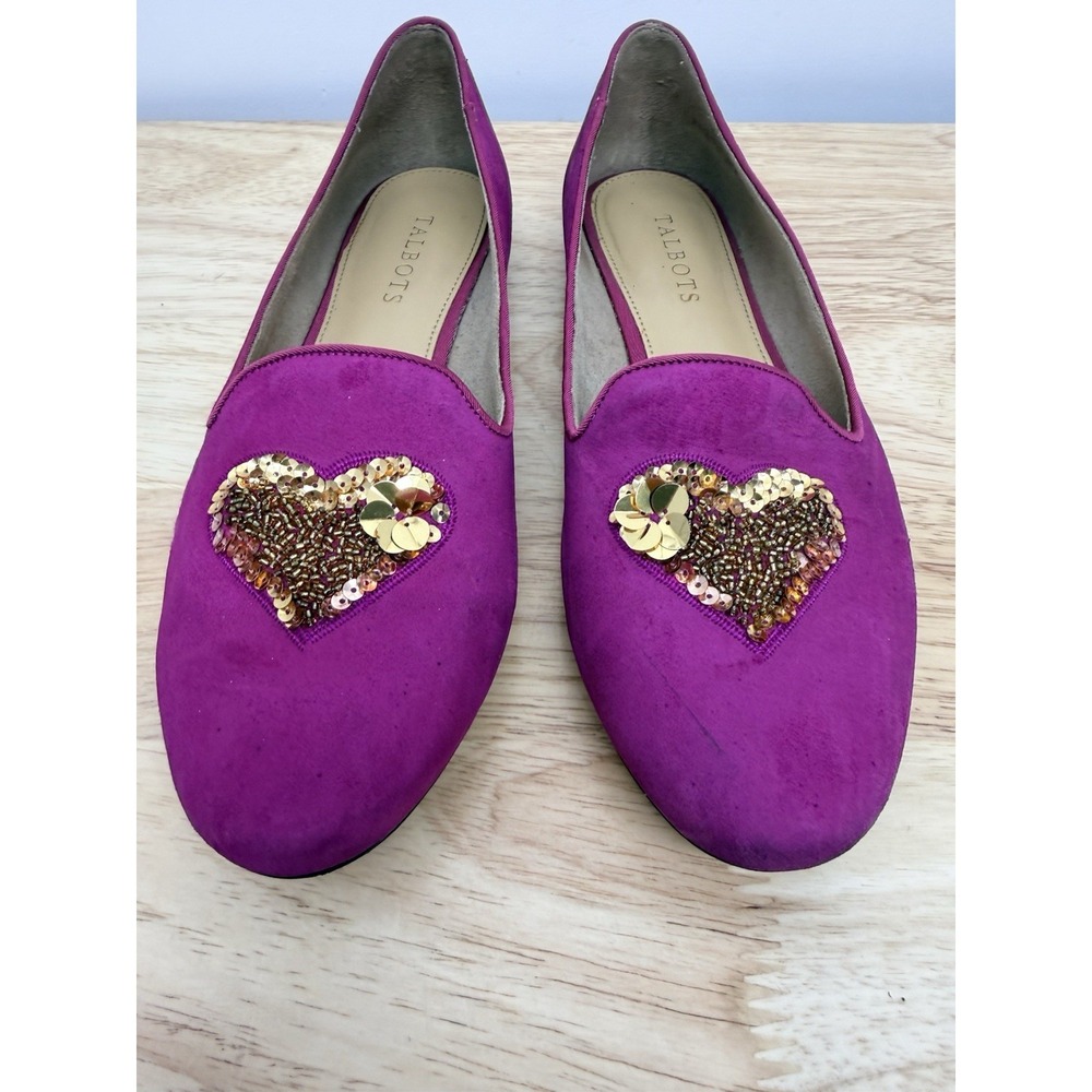 Talbots Pink Suede Flats 8M Gold Sequin Heart Loafers Leather #23